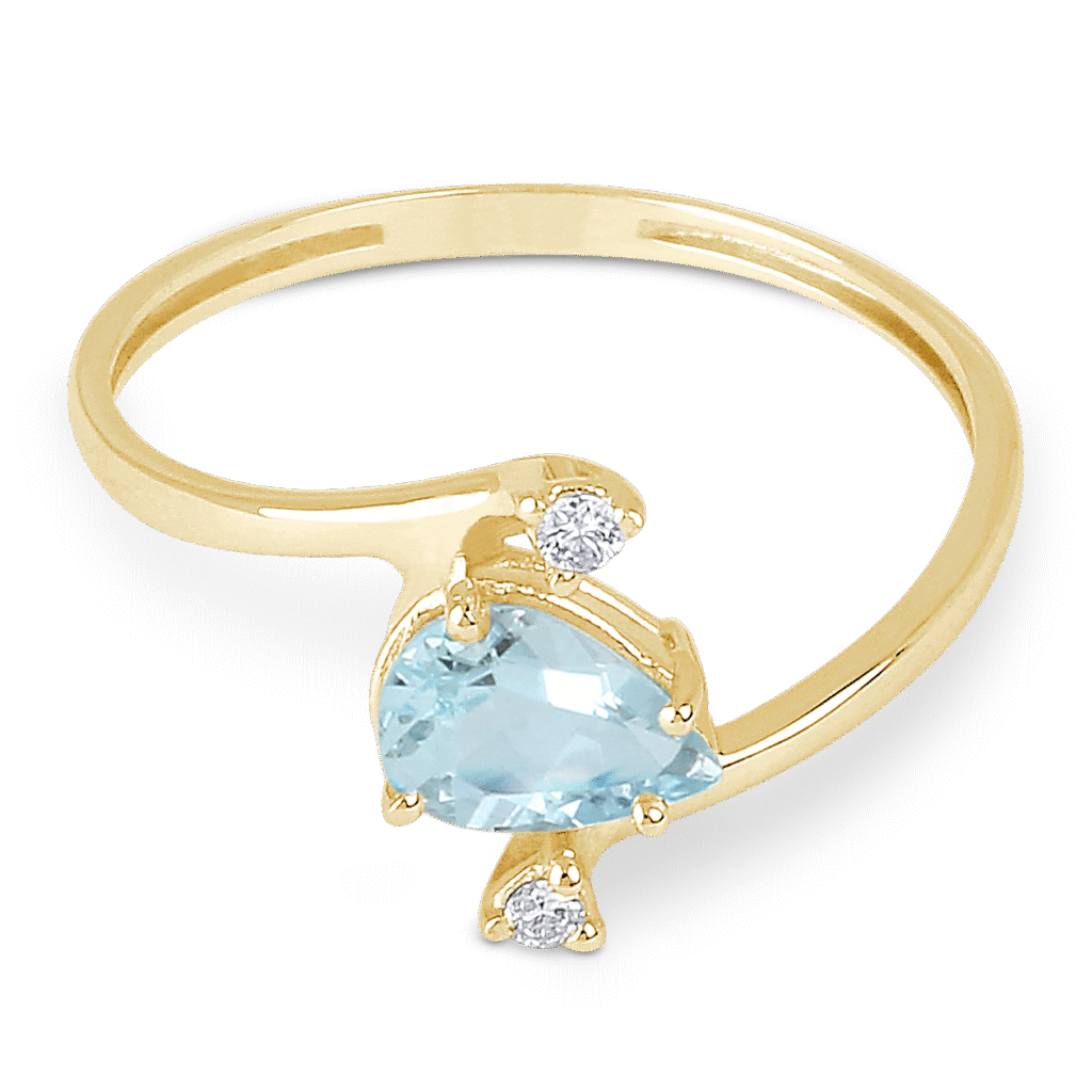 Bague Aigue-marine Poire et Diamant Or Jaune 750