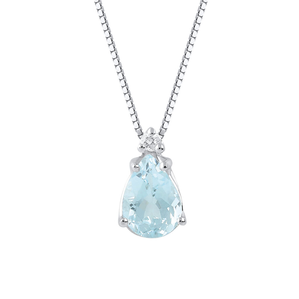 Collier Aigue-marine et Diamant Or Blanc 750, Longueur 40 à 42 cm