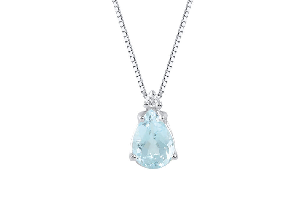 Collier Aigue-marine et Diamant Or Blanc 750, Longueur 40 à 42 cm