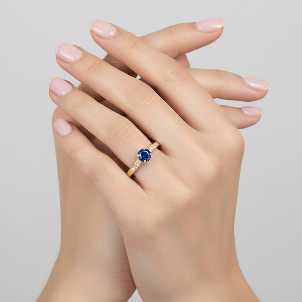 Bague Saphir et Diamants Accompagné Or Jaune 750 – Image 4
